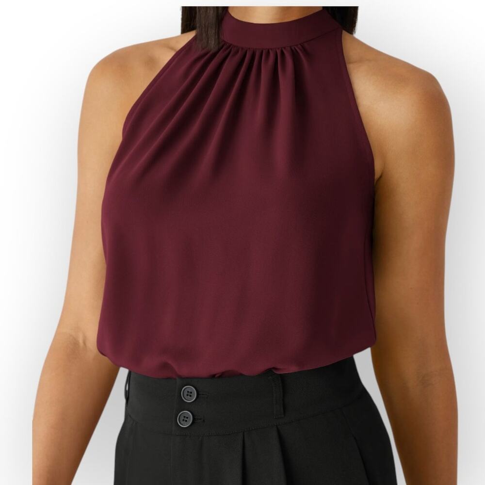 Halara Pleated Halter Burgundy Blouse Sleeveless Top XL Minimalist Chic - NWT